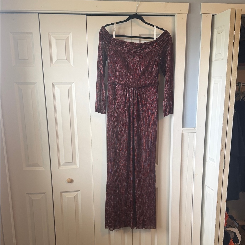 Azazie Metallic Burgundy Off-Shoulder Long Dress Mother of the Bride
